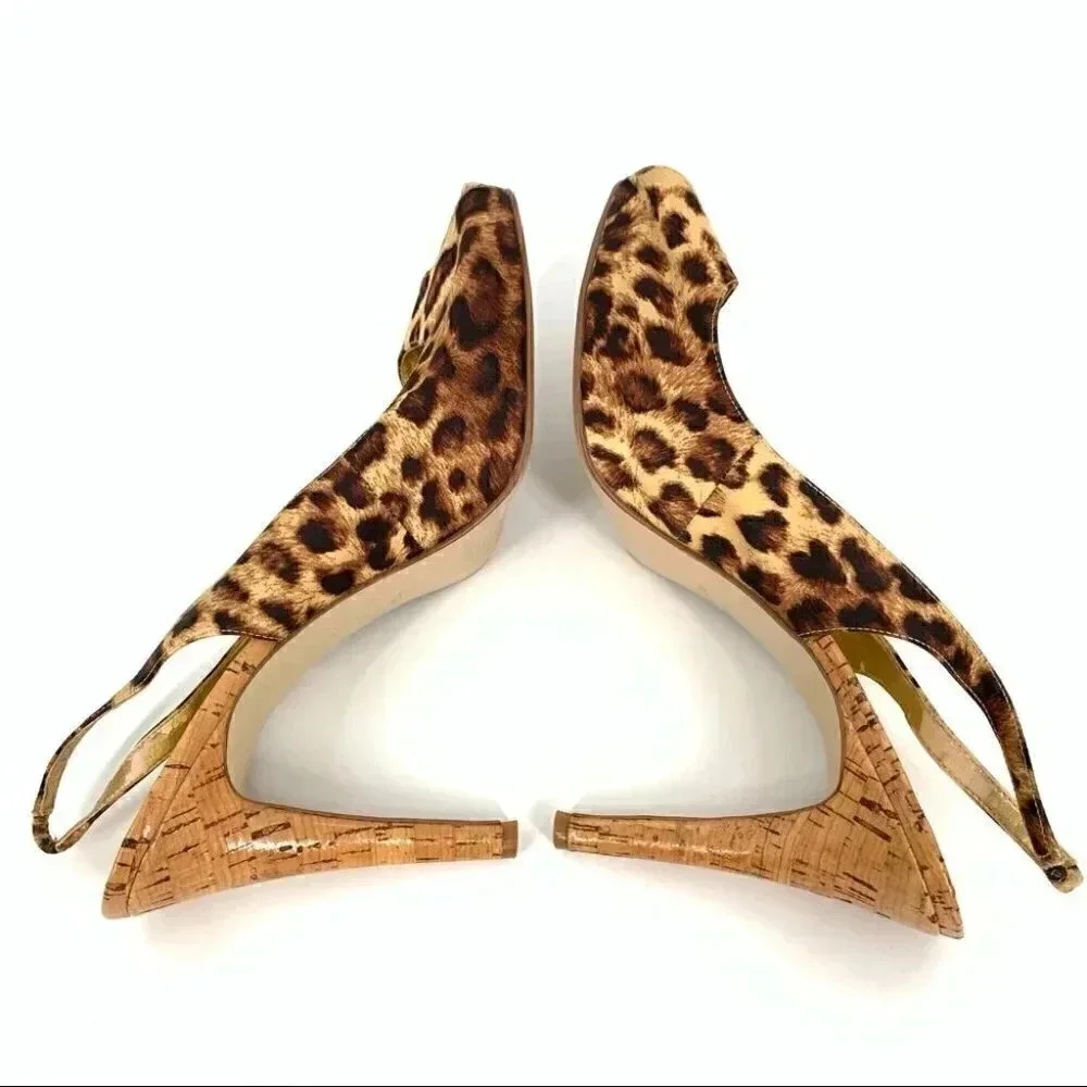 Guess womens heels size 10 brown cheetah print faux cork platform slingbacks
